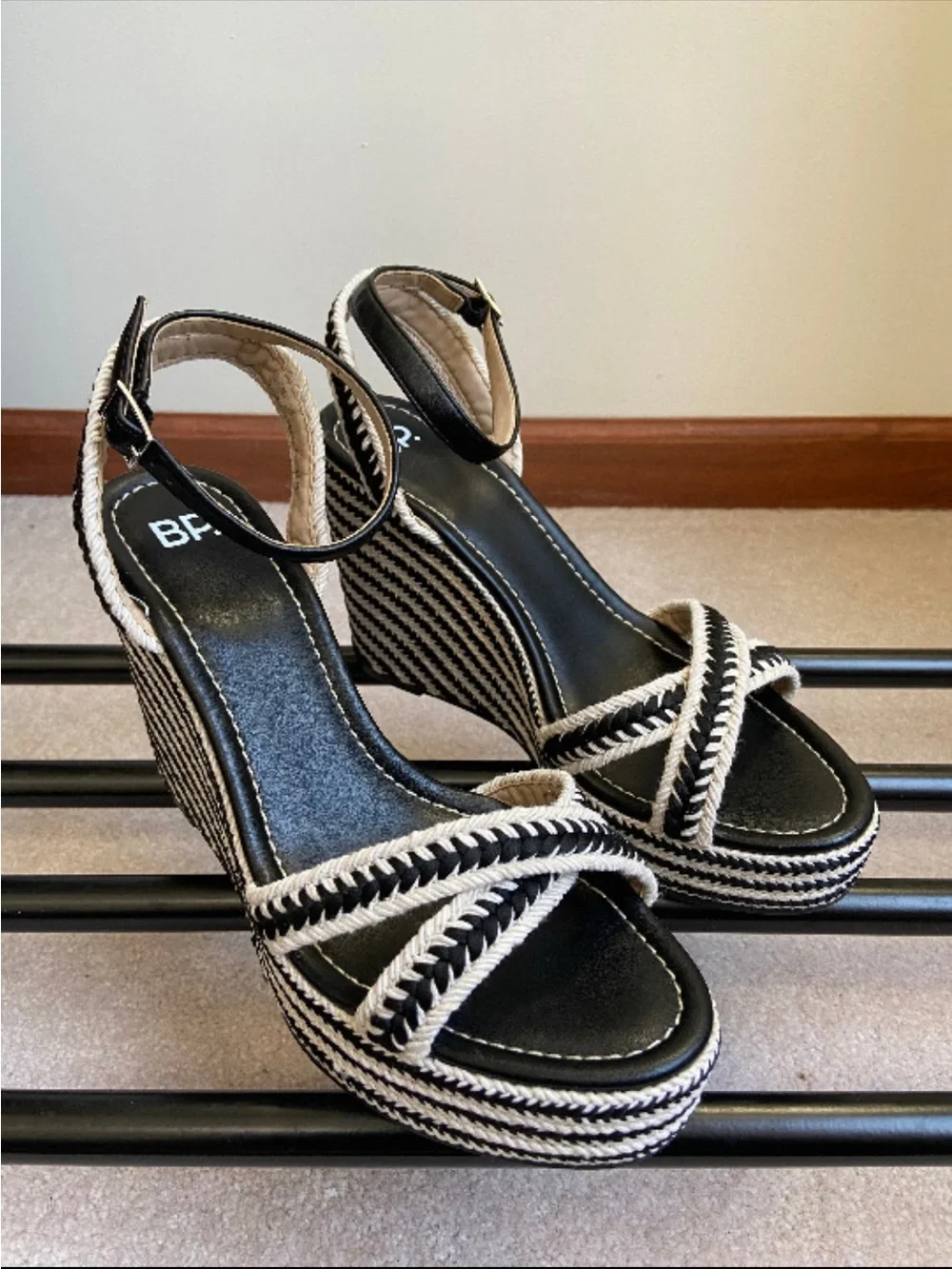bp Black and Cream Braided Wedge Sandals